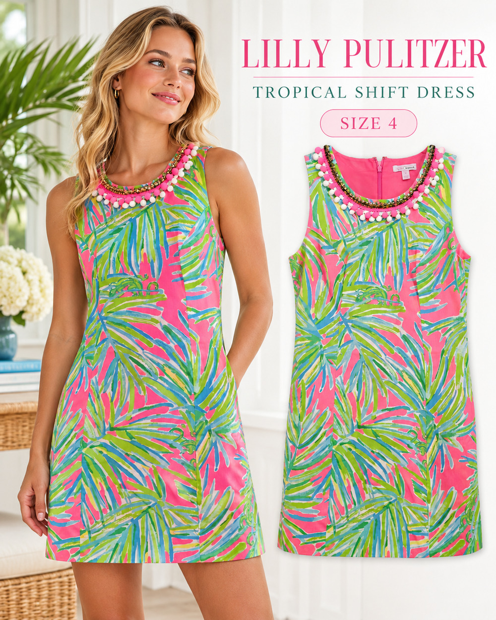 Lilly Pulitzer Womens Size 4 Pink Tropical Palm Print Shift Dress Pom Pom Beaded